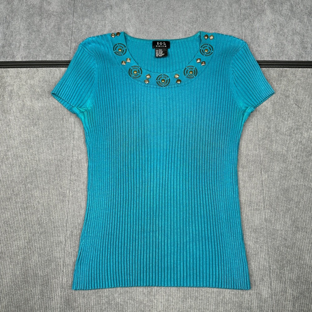 RQT Petite Turquoise Ribbed Knit Top Gold Studded Neckline S/S Boho Y2k